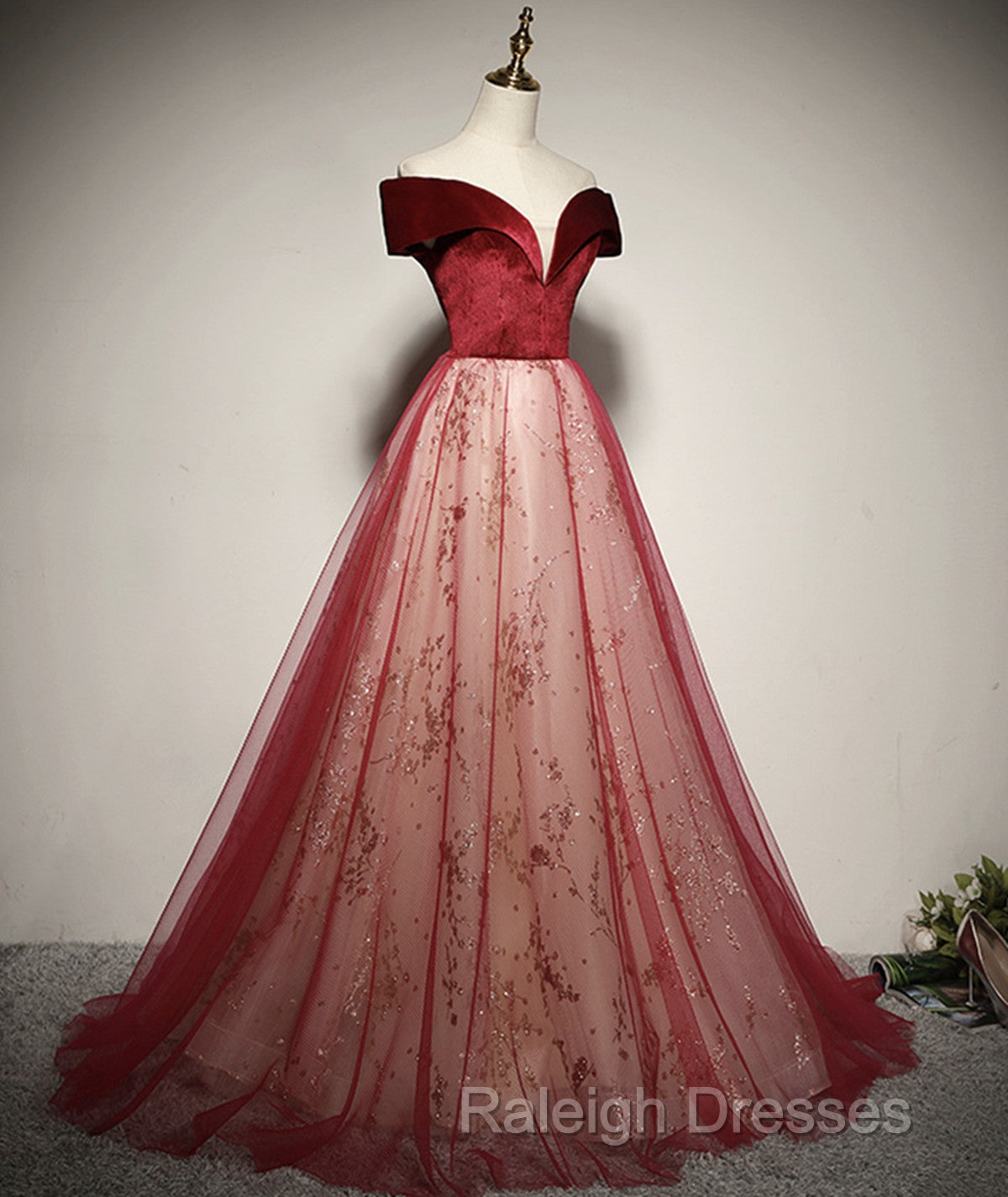 A-Line Red Tulle And Velvet Off Shoulder Long Prom Dress, Red Evening Dress Secondary image