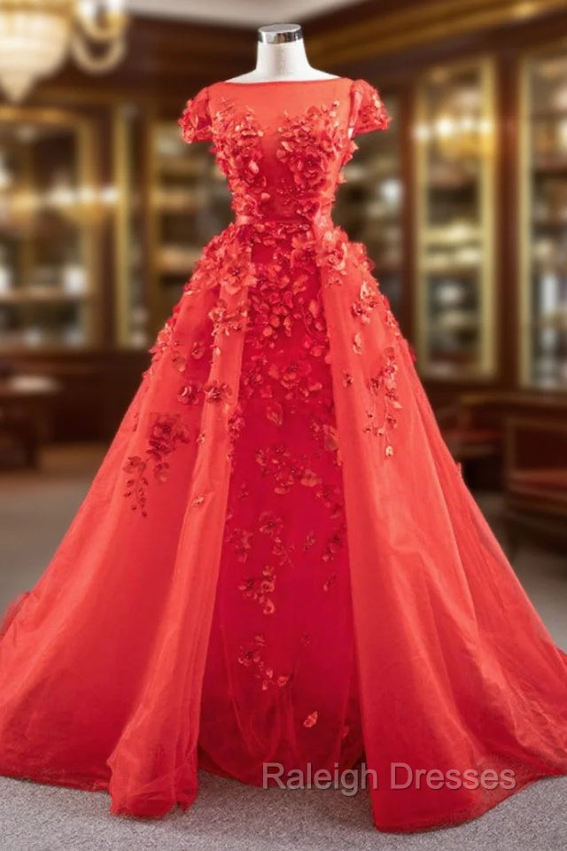 A-Line Red Tulle Appliques Cap Sleeve Prom Dress With Removable Train