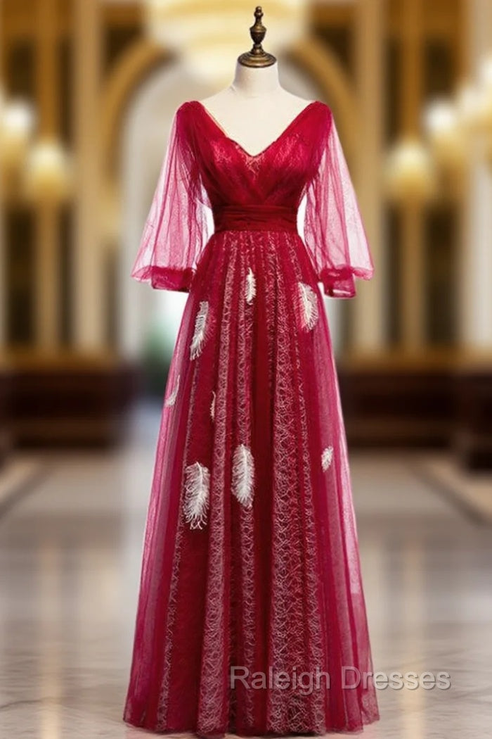 A Line Red Tulle V Neck Long Sleeve Backless Prom Dresses