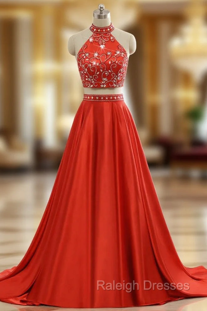 A Line Red Two Pieces Prom Dress Soft Satin Prom Gown Main image