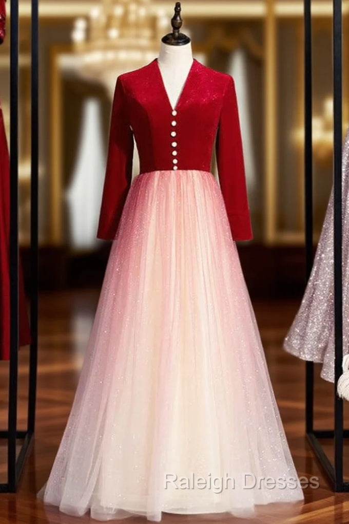 A Line Red Velvet Tulle Long Sleeve Open Back Prom Dresses Main image