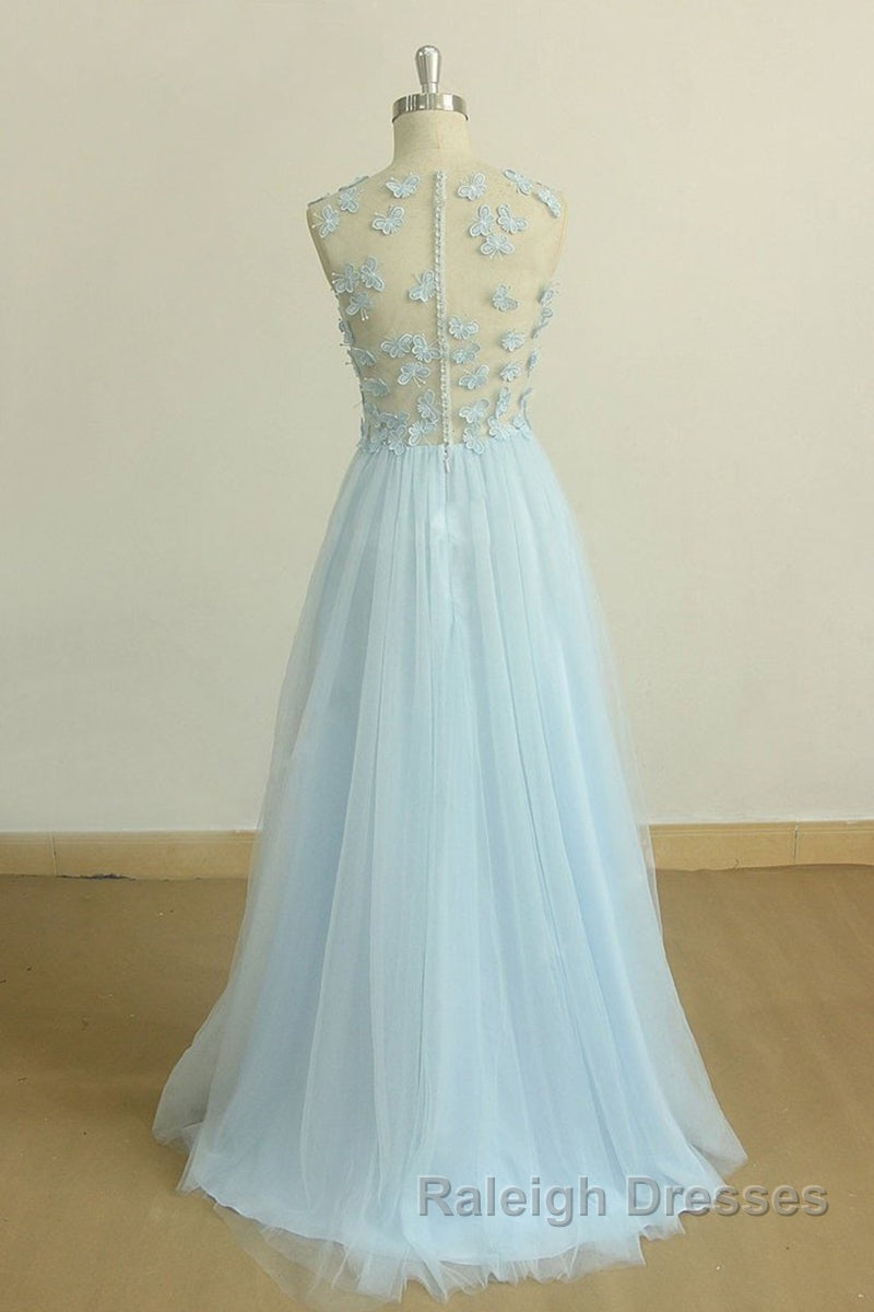 A Line Round Neck Baby Blue Lace Long Prom Dress with Butterfly, Baby Blue Lace Formal Graduation Evening Dress Secondary image