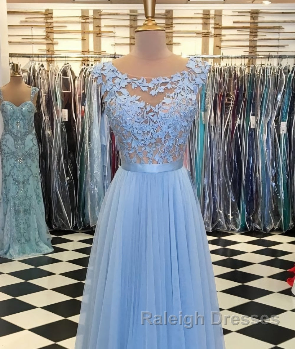 A Line Round Neck Blue Lace Appliques Tulle Long Prom Dress Blue Lace Graduation Dress Blue Prom Dress