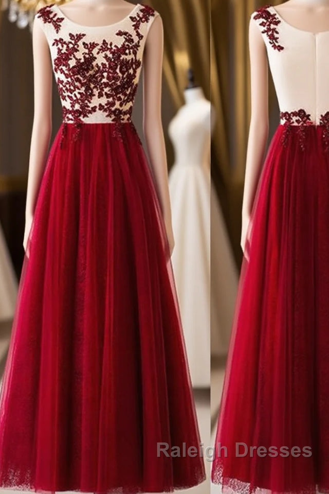 A Line Round Neck Burgundy Lace Tulle Long Prom Dress, Burgundy Lace Evening Dress, Burgundy Lace Graduation Dress
