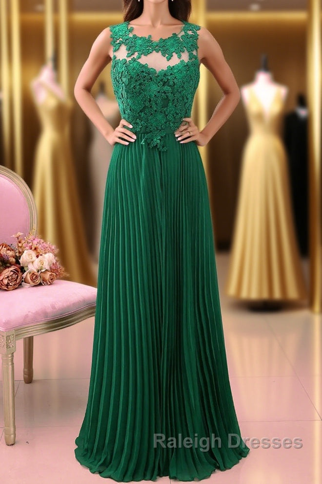 A Line Round Neck Green Lace Long Prom Dress Bridesmaid Dress, Open Back Lace Green Formal Dress, Green Lace Evening Dress Main image