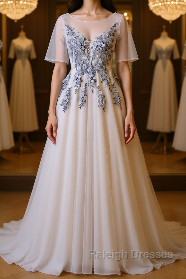 A Line Round Neck Half Sleeves Gray Lace Prom Dress Gray Floral Long Prom Dress
