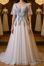 A Line Round Neck Half Sleeves Gray Lace Prom Dress Gray Floral Long Prom Dress