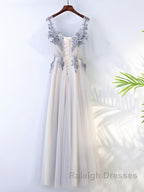 A Line Round Neck Half Sleeves Gray Lace Prom Dresses, Gray Floral Long Formal Evening Dresses