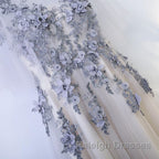 A Line Round Neck Half Sleeves Gray Lace Prom Dresses, Gray Floral Long Formal Evening Dresses