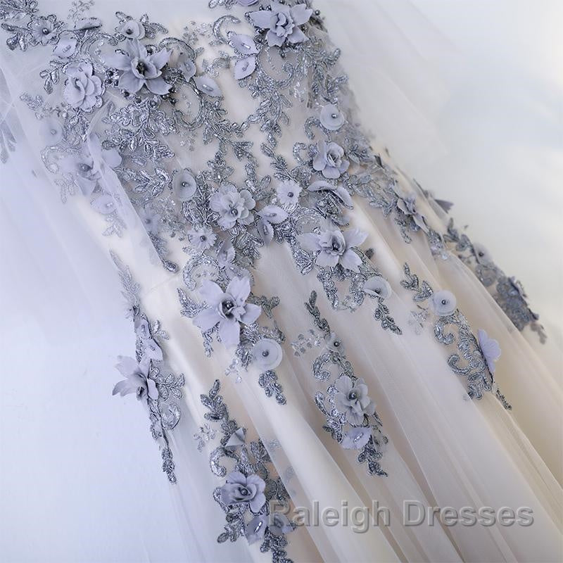 A Line Round Neck Half Sleeves Gray Lace Prom Dresses, Gray Floral Long Formal Evening Dresses