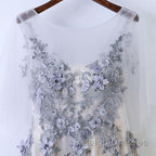 A Line Round Neck Half Sleeves Gray Lace Prom Dress Gray Floral Long Prom Dress