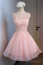 A-Line Round Neck Lace Beaded Homecoming Dresses Cocktail Dresses