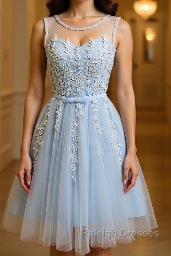 A Line Round Neck Lace Blue Short Prom Dress, Short Blue Lace Formal Graduation Homecoming Dress