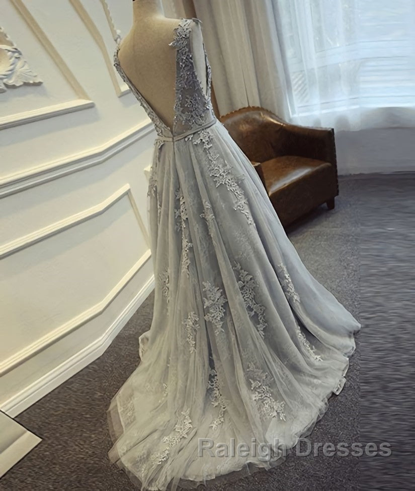 A Line Round Neck Lace Grey Prom Dresses, Lace Grey Formal Dresses Secondary image