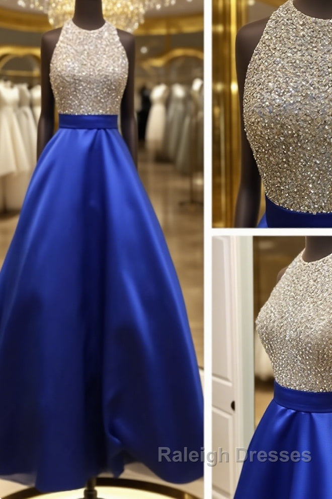 A Line Round Neck Sequins Backless Royal Blue Prom Dresses, Royal Blue Formal Dresses, Backless Royal Blue Evening Dresses Main image