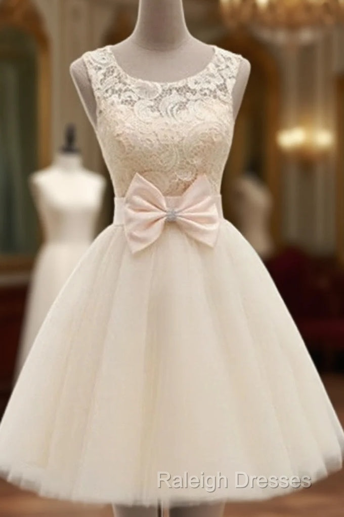 A Line Round Neck Short Ivory Lace Prom Dress, Short Champagne Lace Bridesmaid Dress, Lace Homecoming Dress, Lace Graduation Dress Main image