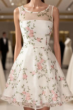 A Line Round Neck Short Lace Floral Prom Dresses, Short Lace Floral Formal Homecoming Dresses