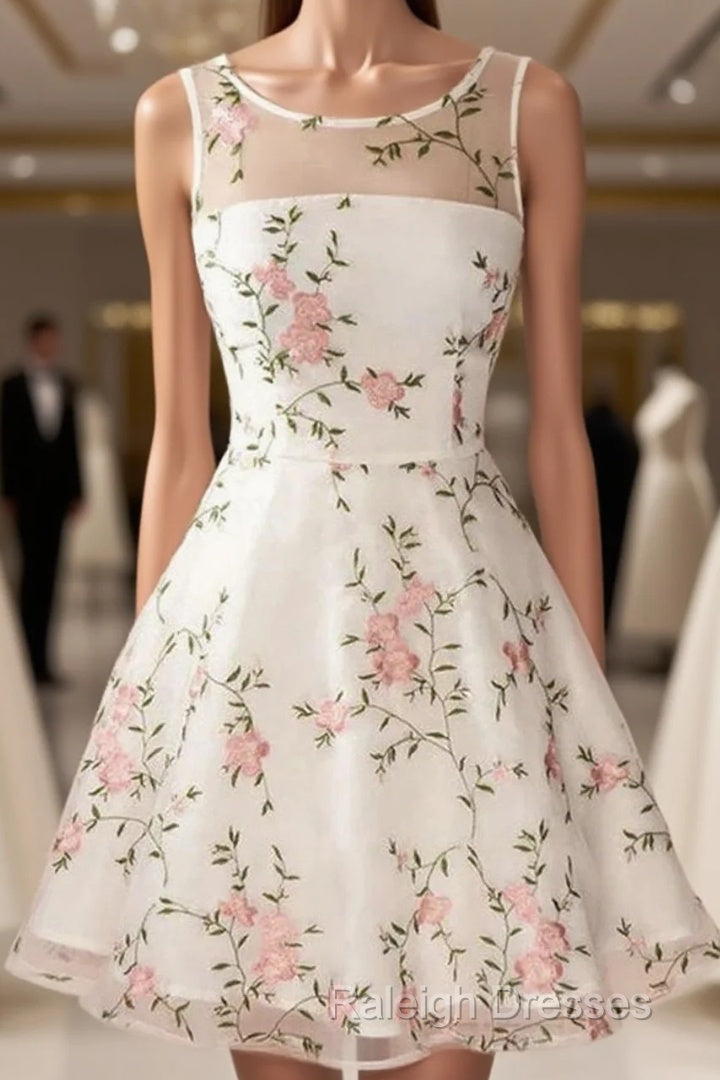 A Line Round Neck Short Lace Floral Prom Dresses, Short Lace Floral Formal Homecoming Dresses