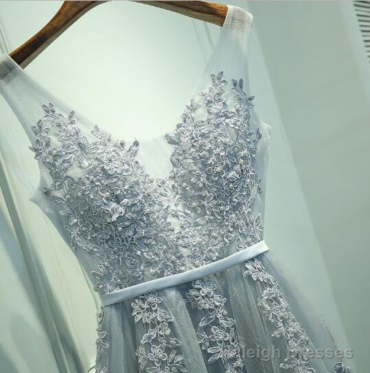 A-Line Round Neck Sleeveless Grey Lace Prom Dress Lace Bridesmaid Dress Prom Dress