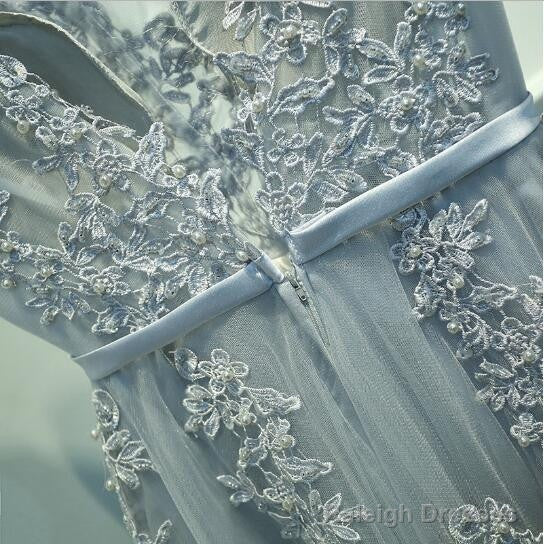 A Line Round Neck Sleeveless Grey Lace Prom Dresses, Lace Bridesmaid Dresses, Formal Dresses