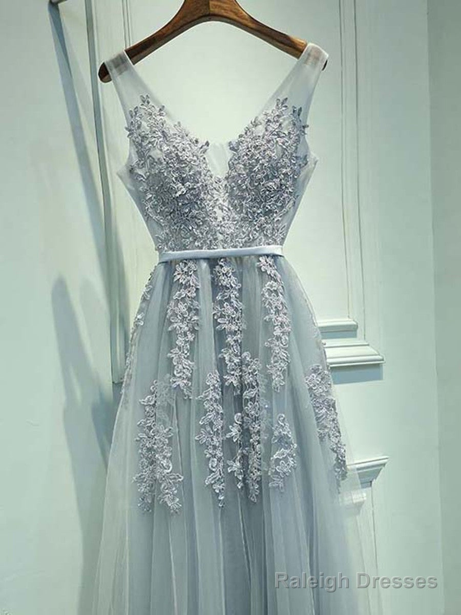 A Line Round Neck Sleeveless Grey Lace Prom Dresses, Lace Bridesmaid Dresses, Formal Dresses Main image