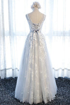 A Line Round Neck Sleeveless Lace Grey/Pink/Champagne Prom Dresses, Lace Formal Dresses, Evening Dresses