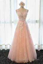 A Line Round Neck Sleeveless Lace Grey/Pink/Champagne Prom Dresses, Lace Formal Dresses, Evening Dresses