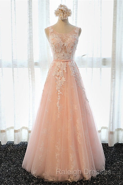 A Line Round Neck Sleeveless Lace Grey/Pink/Champagne Prom Dresses, Lace Formal Dresses, Evening Dresses