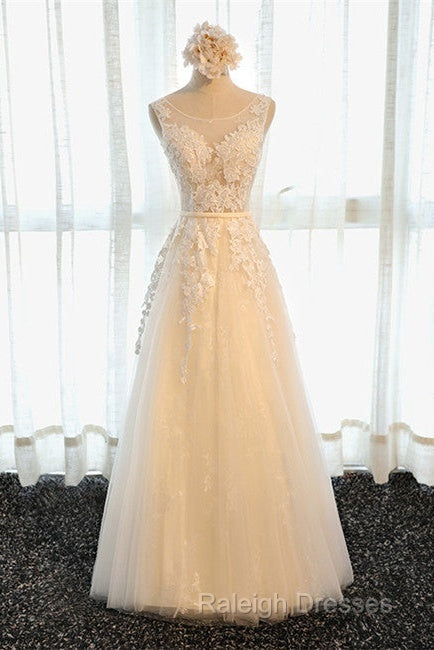 A Line Round Neck Sleeveless Lace Grey/Pink/Champagne Prom Dresses, Lace Formal Dresses, Evening Dresses