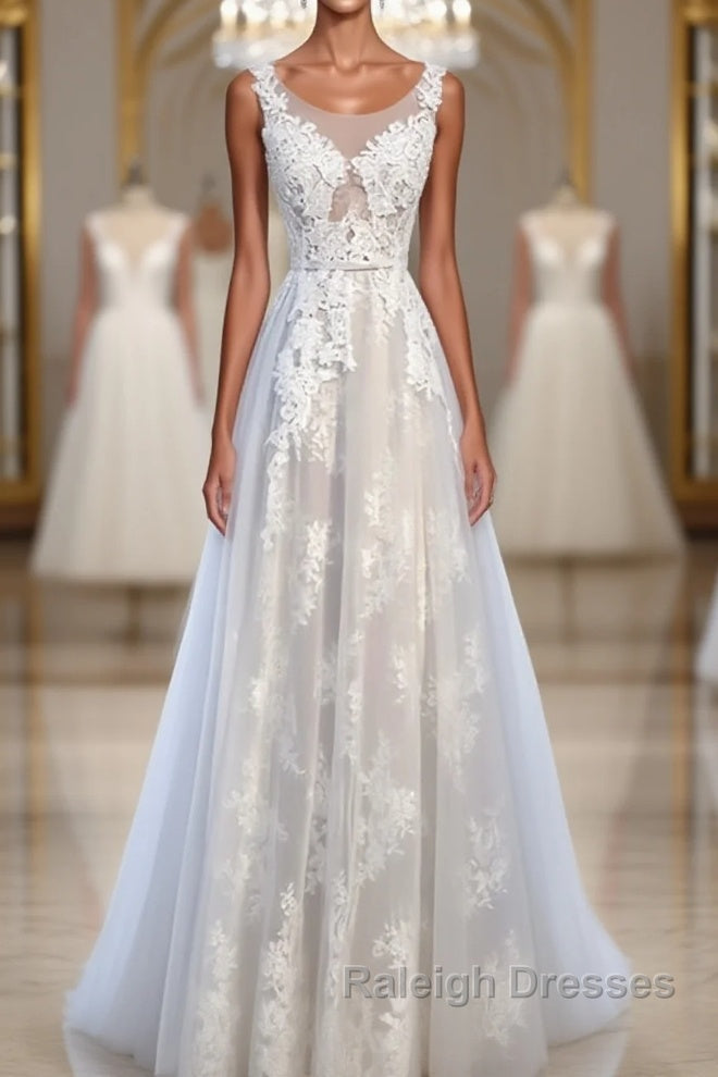 A Line Round Neck Sleeveless Lace Prom Dresses, Lace Formal Dresses Main image