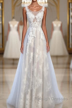 A Line Round Neck Sleeveless Lace Prom Dresses, Lace Formal Dresses