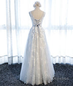 A Line Round Neck Sleeveless Lace Prom Dresses, Lace Formal Dresses