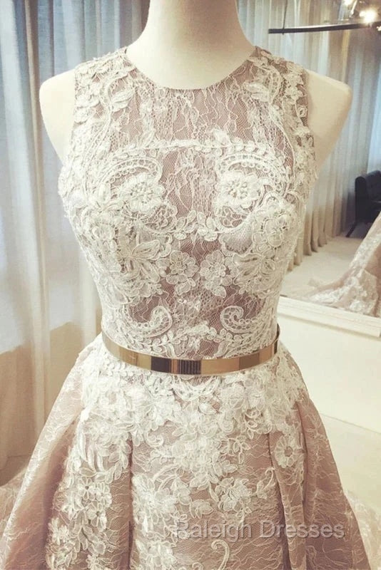 A-Line Round Neck Sleeveless Ruched Lace Long Prom Wedding Dresses With Belt