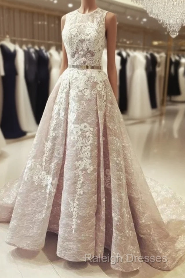 A-Line Round Neck Sleeveless Ruched Lace Long Prom Wedding Dresses With Belt
