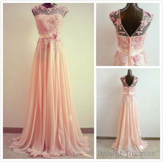 A-Line Round Neck Sweep Train Lace Coral Prom Dresses Lace Bridesmaid Dresses