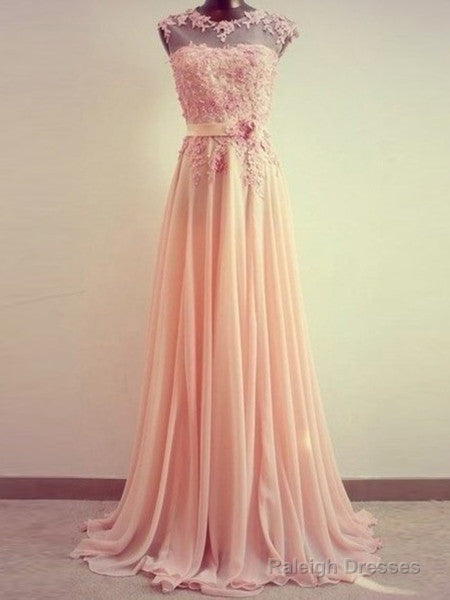 A-Line Round Neck Sweep Train Lace Coral Prom Dress, Formal Dresses, Lace Bridesmaid Dress Main image