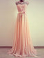 A-Line Round Neck Sweep Train Lace Coral Prom Dress, Formal Dresses, Lace Bridesmaid Dress