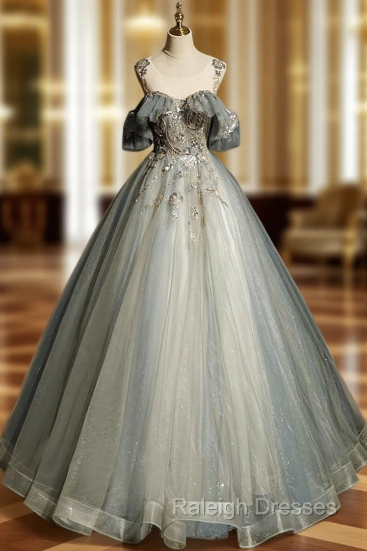 A-Line Round Neck Tulle Gray Blue Long Prom Dress, Tulle Sequin Lace Long Evening Dress Main image