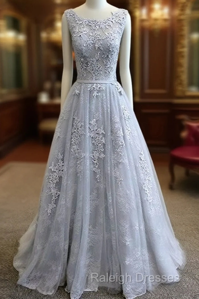 A-Line Round Neck Tulle Lace Long Gray Prom Dresses Bridesmaid Dresses Main image