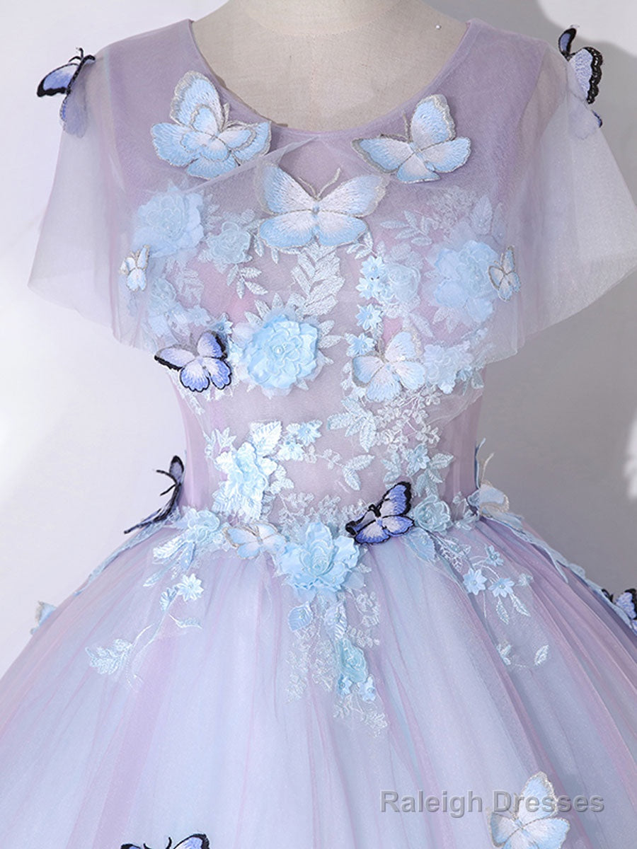 A-Line Round Neck Tulle Lace Purple Long Prom Dresses Purple Prom Dresses Secondary image