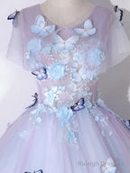 A-Line Round Neck Tulle Lace Purple Long Prom Dresses Purple Prom Dresses