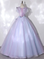A-Line Round Neck Tulle Lace Purple Long Prom Dress, Purple Formal Dress
