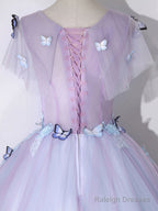 A-Line Round Neck Tulle Lace Purple Long Prom Dresses Purple Prom Dresses