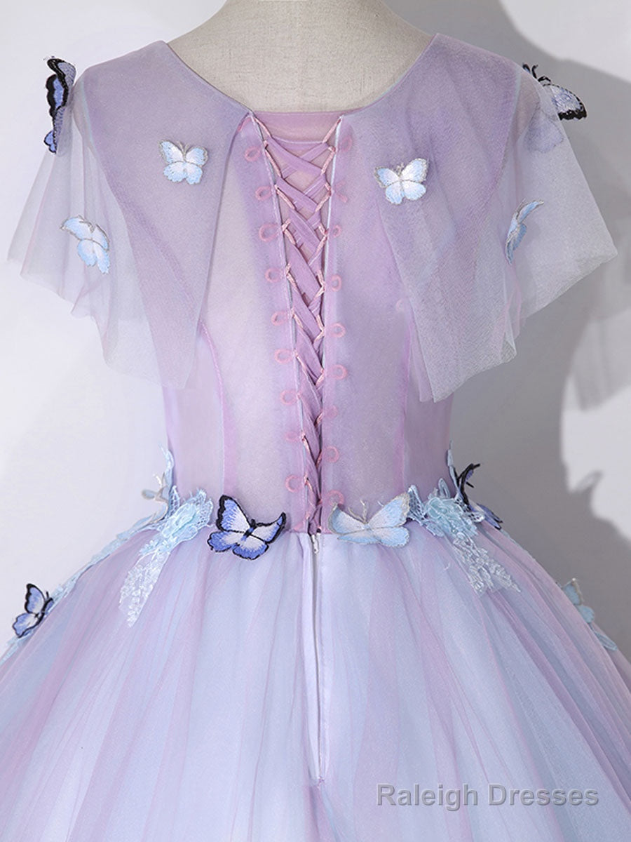 A-Line Round Neck Tulle Lace Purple Long Prom Dresses Purple Prom Dresses