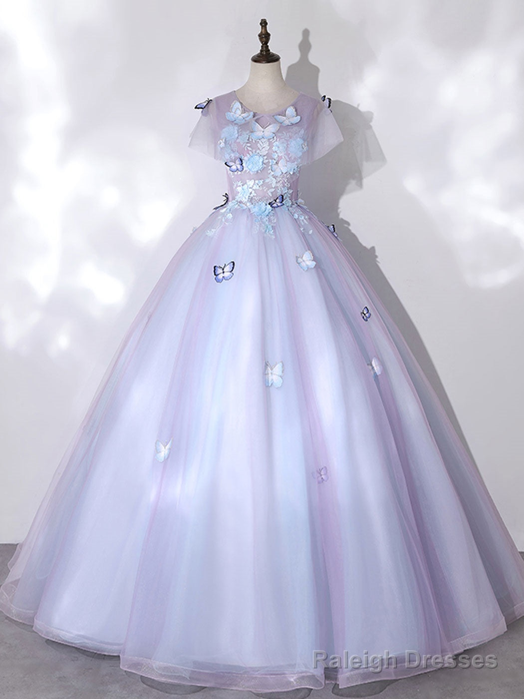 A-Line Round Neck Tulle Lace Purple Long Prom Dress, Purple Formal Dress Main image