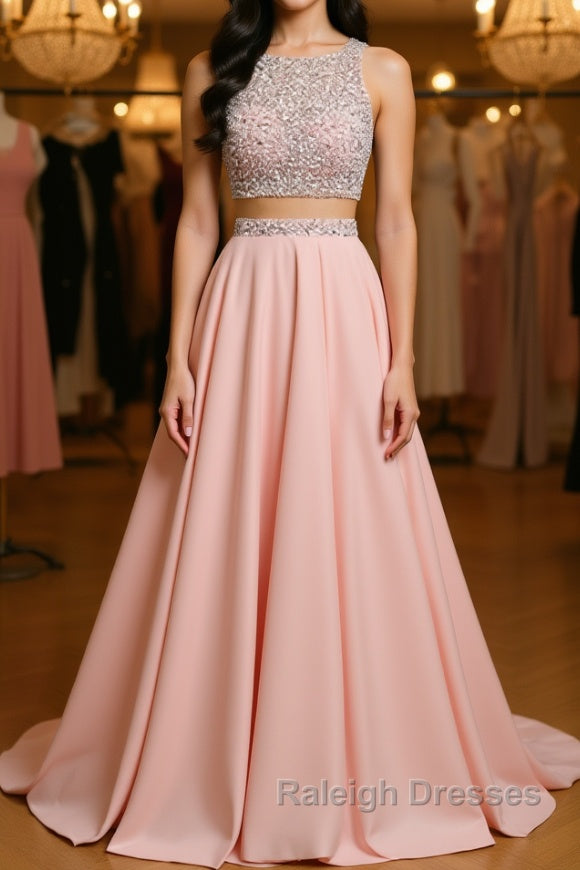A Line Round Neck Two Pieces Beaded Pink Prom Dresses, Two Pieces Pink Formal Dresses, Pink Evening Dresses Main image