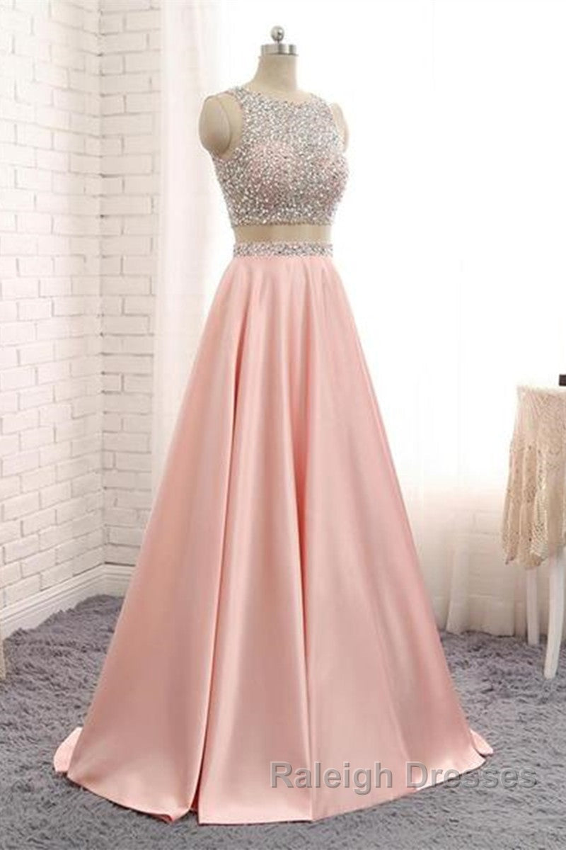 A Line Round Neck Two Pieces Beaded Pink Prom Dresses, Two Pieces Pink Formal Dresses, Pink Evening Dresses Secondary image