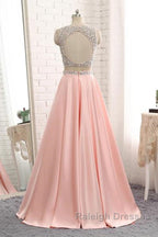 A Line Round Neck Two Pieces Beaded Pink Prom Dress Two Pieces Pink Prom Dress Pink Prom Dress