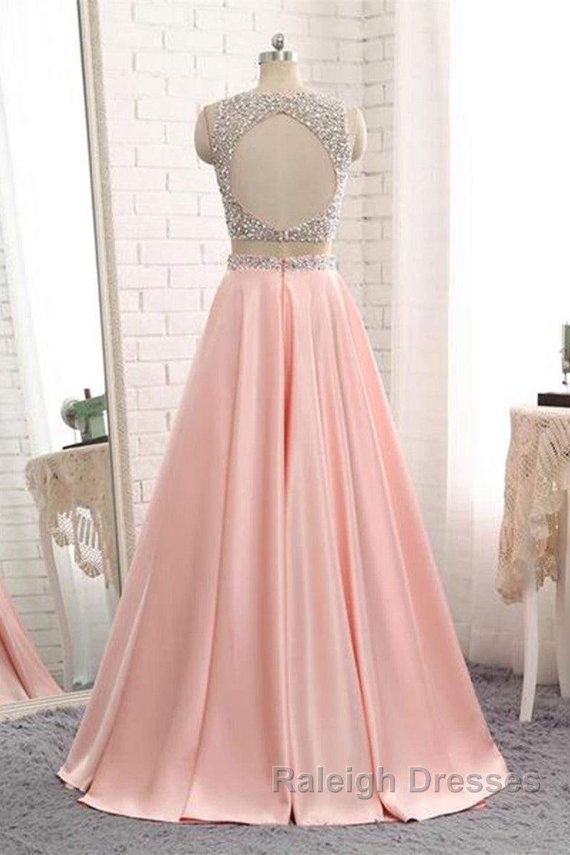 A Line Round Neck Two Pieces Beaded Pink Prom Dress Two Pieces Pink Prom Dress Pink Prom Dress