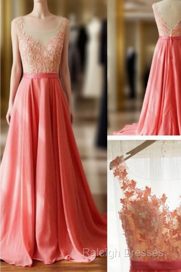 A Line Round Neck V Neck Back Long Coral Lace Prom Dress, Long Lace Formal Dresses, Evening Dresses, Bridesmaid Dresses Main image